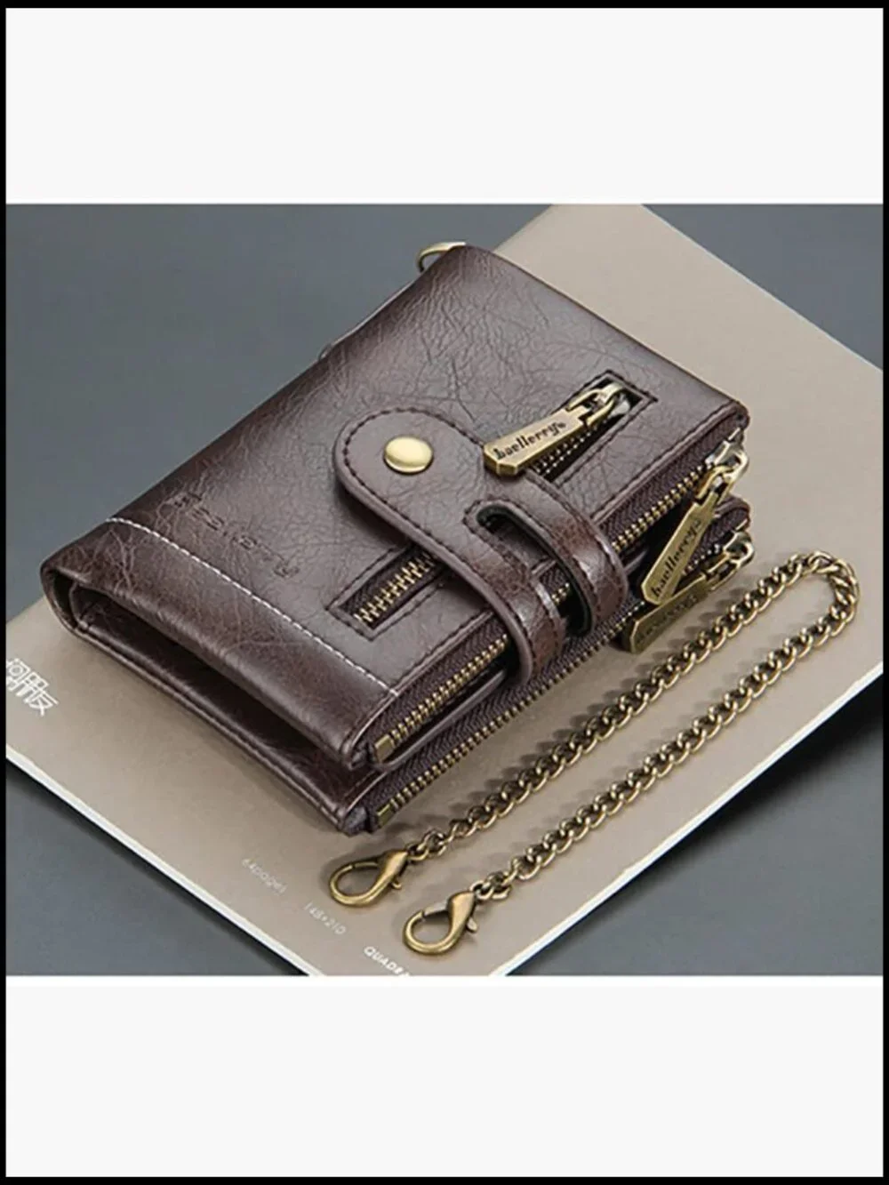 Bi-Fold Wallet with Chain RFID Blocking Faux Leather Men's Zipper Coin Purse